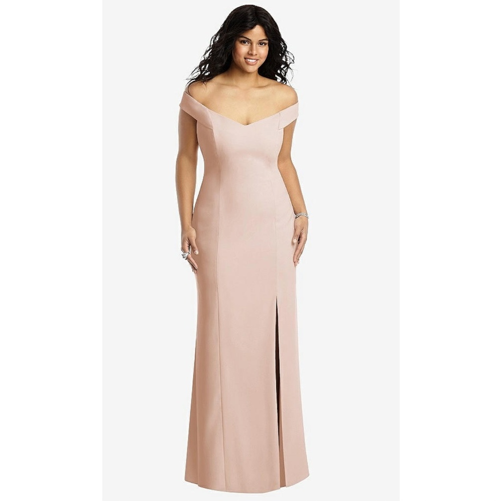 Dessy Collection: OFF-THE-SHOULDER CRISS CROSS BACK TRUMPET GOWN IN CAMEO (NWT)